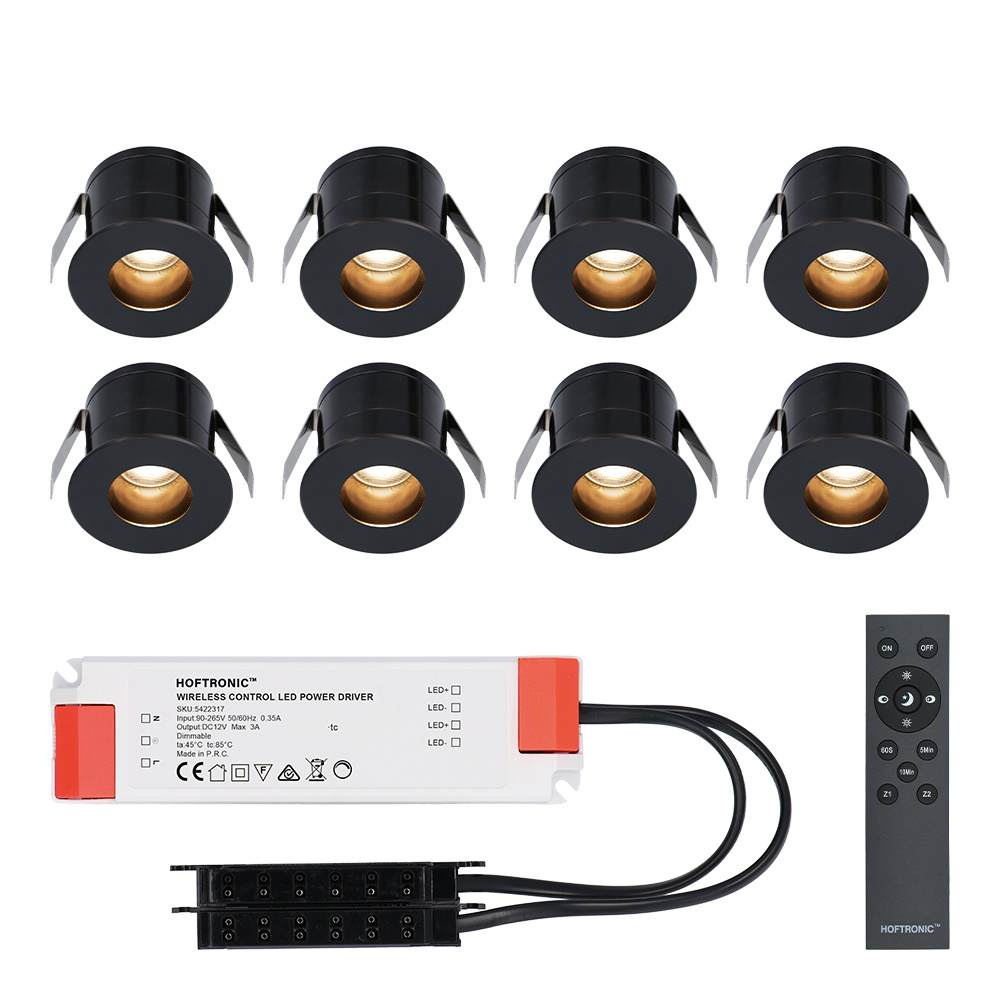 HOFTRONIC 8x Olivia – Mini 12V LED inbouwspot zwart met trafo – Verzonken – 3 Watt – Dimbaar – IP44 waterdicht voor buiten – 2700K Warm wit – Lage inbouwdiepte 36mm – Voor veranda, badkamer, carport en binnenruimtes