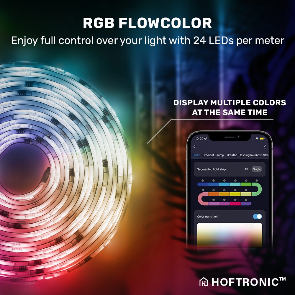 HOFTRONIC HOFTRONIC - Smart LED Strip 10m (2x5m) - RGB Flow Color - WiFi +  Bluetooth- 12V - 16,5 miljoen kleuren met 240 LEDs - Music Sync - Met  afstandsbediening - Zelfklevend 