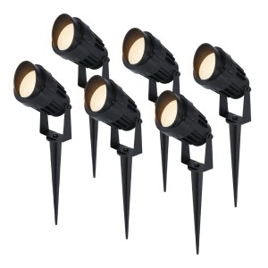 HOFTRONIC Set van 6 moderne zwarte LED prikspot Lenzo met kap – 5 Watt – Warm wit 3000K – IP65 Waterdicht ideaal als tuinverlichting