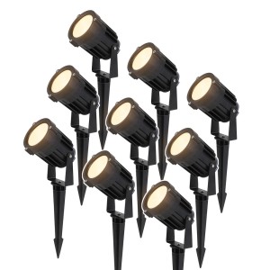 HOFTRONIC Set van 9 moderne zwarte LED prikspot Lenzo – 15 Watt – Warm wit 3000K – IP65 Waterdicht ideaal als tuinverlichting