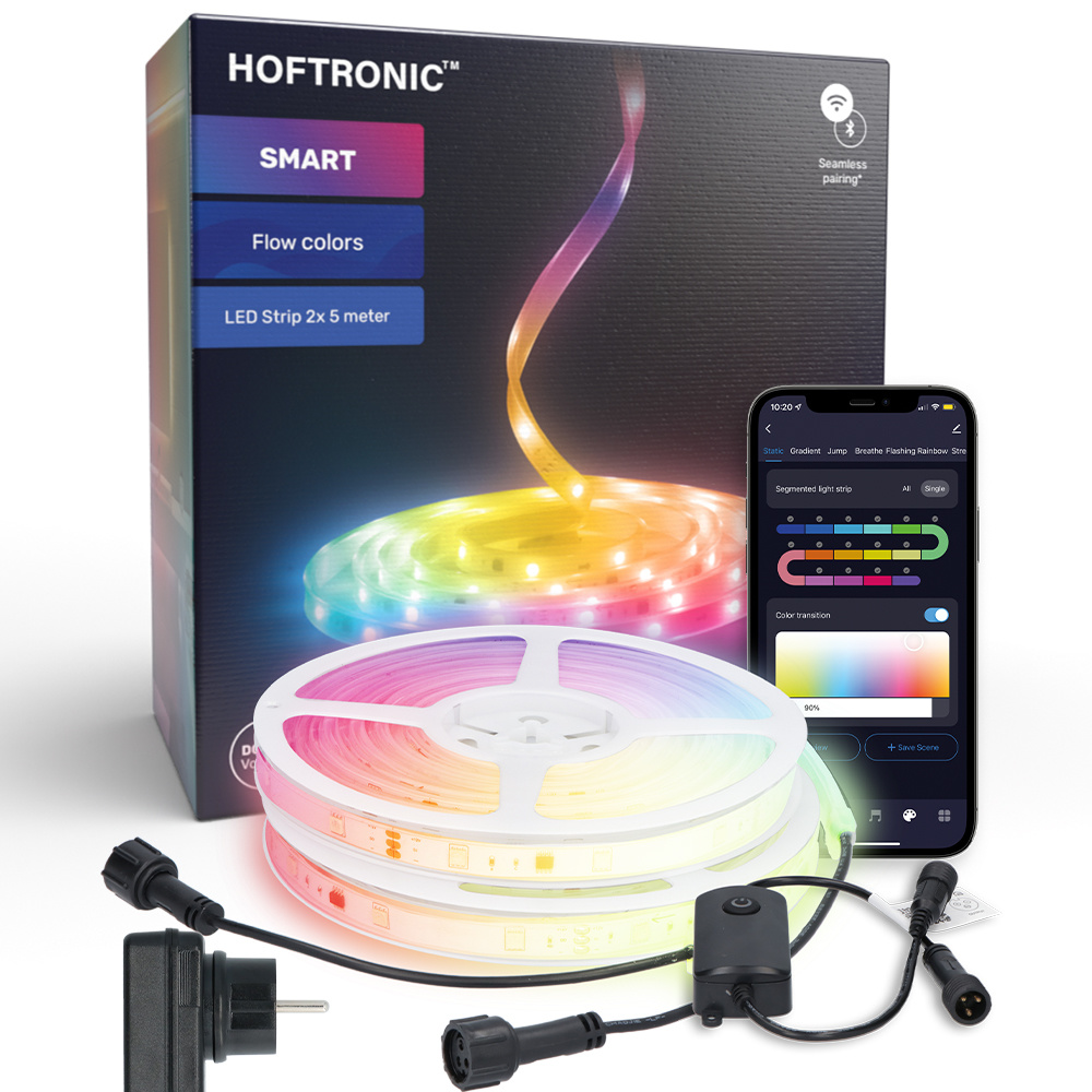 Hoftronic smart led strip 10m (2×5 m) – ip67 waterdicht voor buiten – 12v – rgb flow color – wifi + bluetooth – 16,5 miljoen kleuren met 240 leds – voor google home, amazon alexa en siri