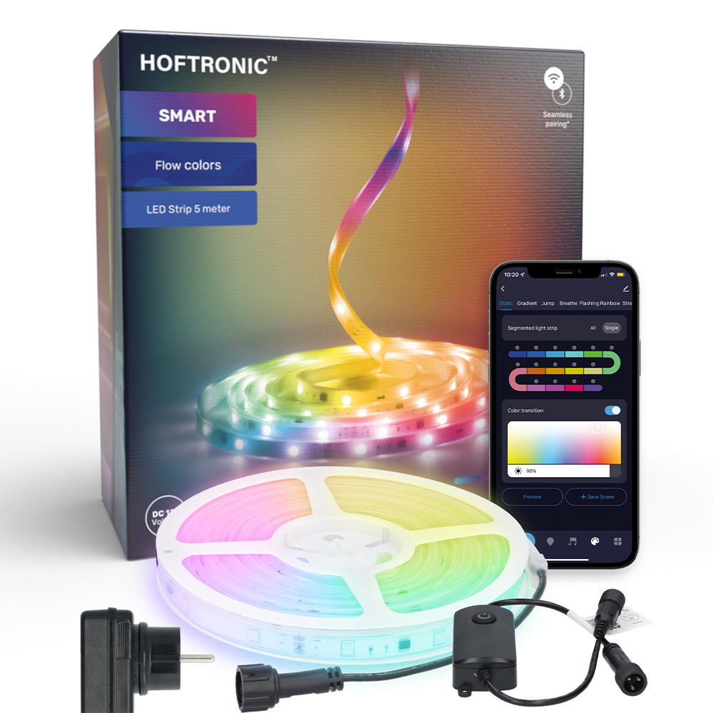 Hoftronic smart led strip 5m – ip67 waterdicht voor buiten – 12v – rgb flow color – wifi + bluetooth – 16,5 miljoen kleuren met 120 leds – voor google home, amazon alexa en siri