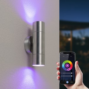 HOFTRONIC Smart WiFi+BLE – Dax LED wandlamp -Tweezijdig Up & Down – Alle kleuren – incl. 2x GU10 spots – IP65 voor binnen- en buitengebruik – RVS