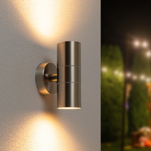HOFTRONIC Jasmin dimbare LED Wandlamp – 2700K warm wit – GU10 – Rond – Up & Down light – RVS – IP44voor buiten