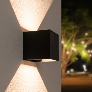 HOFTRONIC Kansas – Dimbare LED wandlamp kubus – 7 Watt – 3000K warm wit – Up & Down light – IP65 waterdicht – Zwart – Wandverlichting voor binnen en buiten