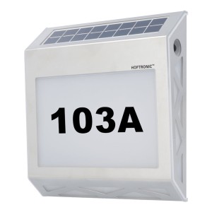 HOFTRONIC Numa – Solar verlicht huisnummer met 8 LED's – Solar huisnummer verlichting – met schemerschakelaar – 3000K warm wit – zilver – IP65 waterdicht