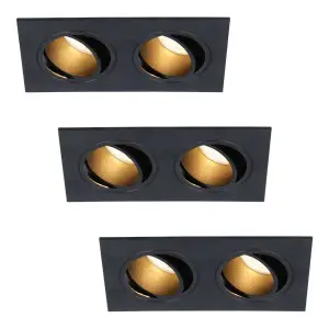 HOFTRONIC Set van 3 Mallorca dubbele LED inbouwspots vierkant – Kantelbaar – 2700K Warm wit – GU10 – 5 Watt – Rechthoekig – GU10 verwisselbare lichtbron – Plafondspot voor binnen – Zwart