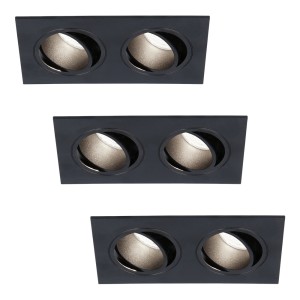 HOFTRONIC Set van 3 Mallorca dubbele LED inbouwspots vierkant – Kantelbaar – 6000K Daglicht wit – GU10 – 5 Watt – Rechthoekig – GU10 verwisselbare lichtbron – Plafondspot voor binnen – Zwart