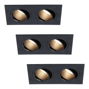 HOFTRONIC Set van 3 Mallorca dubbele LED inbouwspots vierkant – Kantelbaar – 4000K Neutraal wit – GU10 – 5 Watt – Rechthoekig – GU10 verwisselbare lichtbron – Plafondspot voor binnen – Zwart