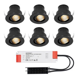 HOFTRONIC Set van 6 12V 3W – Mini LED Inbouwspot – Zwart – Kantelbaar & verzonken – Verandaverlichting – IP44 voor buiten – 2700K – Warm wit