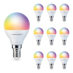 HOFTRONIC SMART Set van 10 E14 SMART LED Lamp – RGBWW – Wifi & Bluetooth – 5.5 Watt – 470lm – P45 – Dimbaar via App