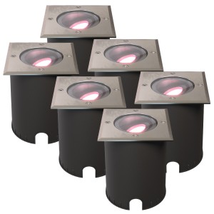HOFTRONIC SMART Set van 6 Cody Smart Grondspots RVS – GU10 5,5 Watt 345 lumen – RGB + WW – Wifi + BLE – Kantelbaar – Overrijdbaar – Vierkant – IP67 waterdicht