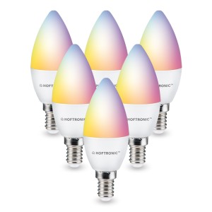 HOFTRONIC SMART Set van 6 E14 SMART LED Lamp RGBWW Wifi & Bluetooth 5.5 Watt 470lm C37 Dimbaar via App