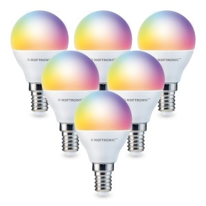 HOFTRONIC SMART Set van 6 E14 SMART LED Lampen RGBWW Wifi & Bluetooth 5.5 Watt 470lm P45 Dimbaar