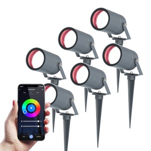 HOFTRONIC SMART Set van 6 Smart Spikey Prikspots – WiFi & Bluetooth – Bedienbaar via app – RGBWW – IP65 waterdicht – Antraciet – LED Tuinverlichting