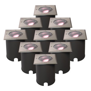 HOFTRONIC SMART Set van 9 Cody Smart Grondspots RVS – GU10 5,5 Watt 345 lumen – RGB + WW – Wifi + BLE – Kantelbaar – Overrijdbaar – Vierkant – IP67 waterdicht