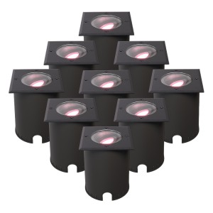 HOFTRONIC SMART Set van 9 Cody Smart Grondspots Zwart – GU10 5,5 Watt 345 lumen – RGB + WW – Wifi + BLE – Kantelbaar – Overrijdbaar – Vierkant – IP67 waterdicht
