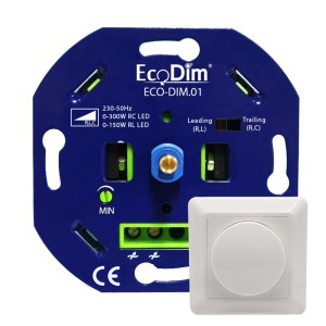 Ecodim LED dimmer 0-300 Watt Fase aan- en afsnijding incl. afdekraampje en draaiknop ECO-DIM.01