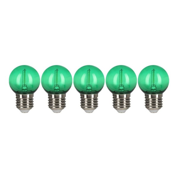 Groene gekleurde kogellampen van kunststof (poly carbonaat). Ideaal voor in een prikkabel omdat ze stootvast zijn. Door het led filament zijn ze zeer sfeervol en bovendien erg energiezuinig in gebruik. Extra voordelig geprijsd omdat ze per 5 verkocht worden. Combineer ze met de andere kleuren voor feestelijke verlichting.