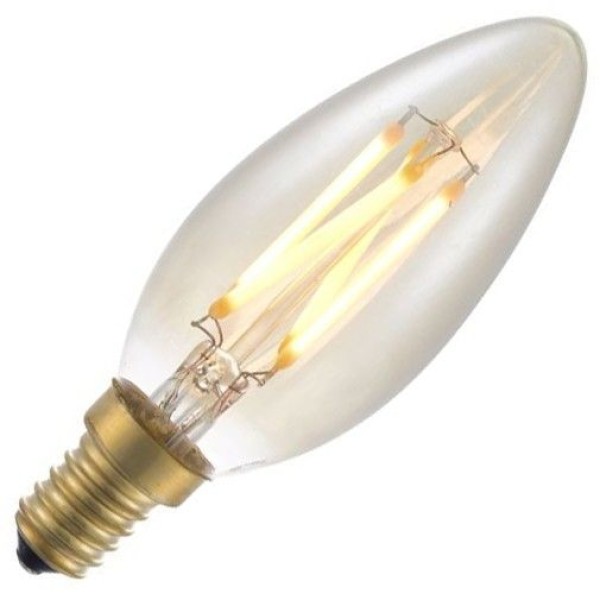 Sfeervolle dimbare kaarslamp met kleine fitting (e14). De lamp heeft goud getint glas en geeft zeer warm licht van 2000 kelvin. Deze kaarslamp is ideaal als vervanger van een gloeilamp van 25 wattt en goud getint glas.