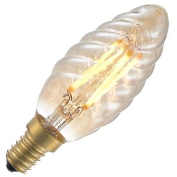 Sfeer volle gouden led kaarslamp met kleine fitting (e14). De lamp heeft gedraaid glas en geeft zeer warm licht. Bovendien is de lamp dimbaar. Vergelijkbaar met een soortgelijke gloeilamp van 25 watt.