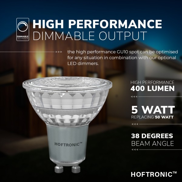 Hoftronic gu10 led spot 5 watt dimbaar 2700k warm 1