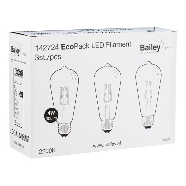 EcoPack Bailey voor verstandig gemak. Hierbij worden er 3 stuks populaire led filament lampen in 1 verpakking aangeboden. De naam EcoPack is gekozen omdat de lampen ECOnomisch gunstig liggen qua prijs en ECOlogisch verpakt zijn in een doos zonder plastic en slechts 1 kleur inkt. De gebruiker hoeft bovendien maar 1 keer een verpakking open te maken en heeft minder afval.