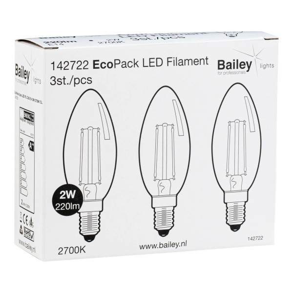 Ecopack bailey voor verstandig gemak. Hierbij worden er 3 stuks populaire led filament lampen in 1 verpakking aangeboden. De naam ecopack is gekozen omdat de lampen economisch gunstig liggen qua prijs en ecologisch verpakt zijn in een doos zonder plastic en slechts 1 kleur inkt. De gebruiker hoeft bovendien maar 1 keer een verpakking open te maken en heeft minder afval.