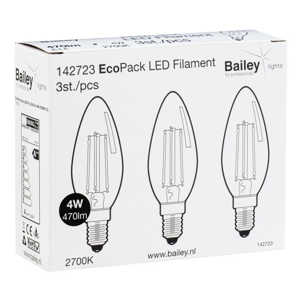 Ecopack bailey voor verstandig gemak. Hierbij worden er 3 stuks populaire led filament lampen in 1 verpakking aangeboden. De naam ecopack is gekozen omdat de lampen economisch gunstig liggen qua prijs en ecologisch verpakt zijn in een doos zonder plastic en slechts 1 kleur inkt. De gebruiker hoeft bovendien maar 1 keer een verpakking open te maken en heeft minder afval.