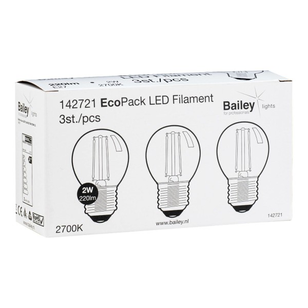 Ecopack bailey voor verstandig gemak. Hierbij worden er 3 stuks populaire led filament lampen in 1 verpakking aangeboden. De naam ecopack is gekozen omdat de lampen economisch gunstig liggen qua prijs en ecologisch verpakt zijn in een doos zonder plastic en slechts 1 kleur inkt. De gebruiker hoeft bovendien maar 1 keer een verpakking open te maken en heeft minder afval.