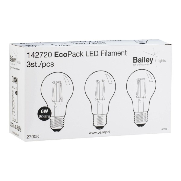 Ecopack bailey voor verstandig gemak. Hierbij worden er 3 stuks populaire led filament lampen in 1 verpakking aangeboden. De naam ecopack is gekozen omdat de lampen economisch gunstig liggen qua prijs en ecologisch verpakt zijn in een doos zonder plastic en slechts 1 kleur inkt. De gebruiker hoeft bovendien maar 1 keer een verpakking open te maken en heeft minder afval.