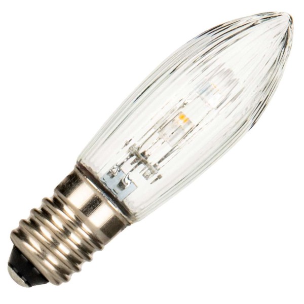 Led alternatief voor de e10 c6 mini kaars lampen met geribbeld glas. Deze lamp heeft 2 kleine leds boven elkaar in een extra warme kleur. Omdat deze led een ingangsspanning heeft van 10-55v/ac kan je met 1 type de vier meest populaire voltages (14v