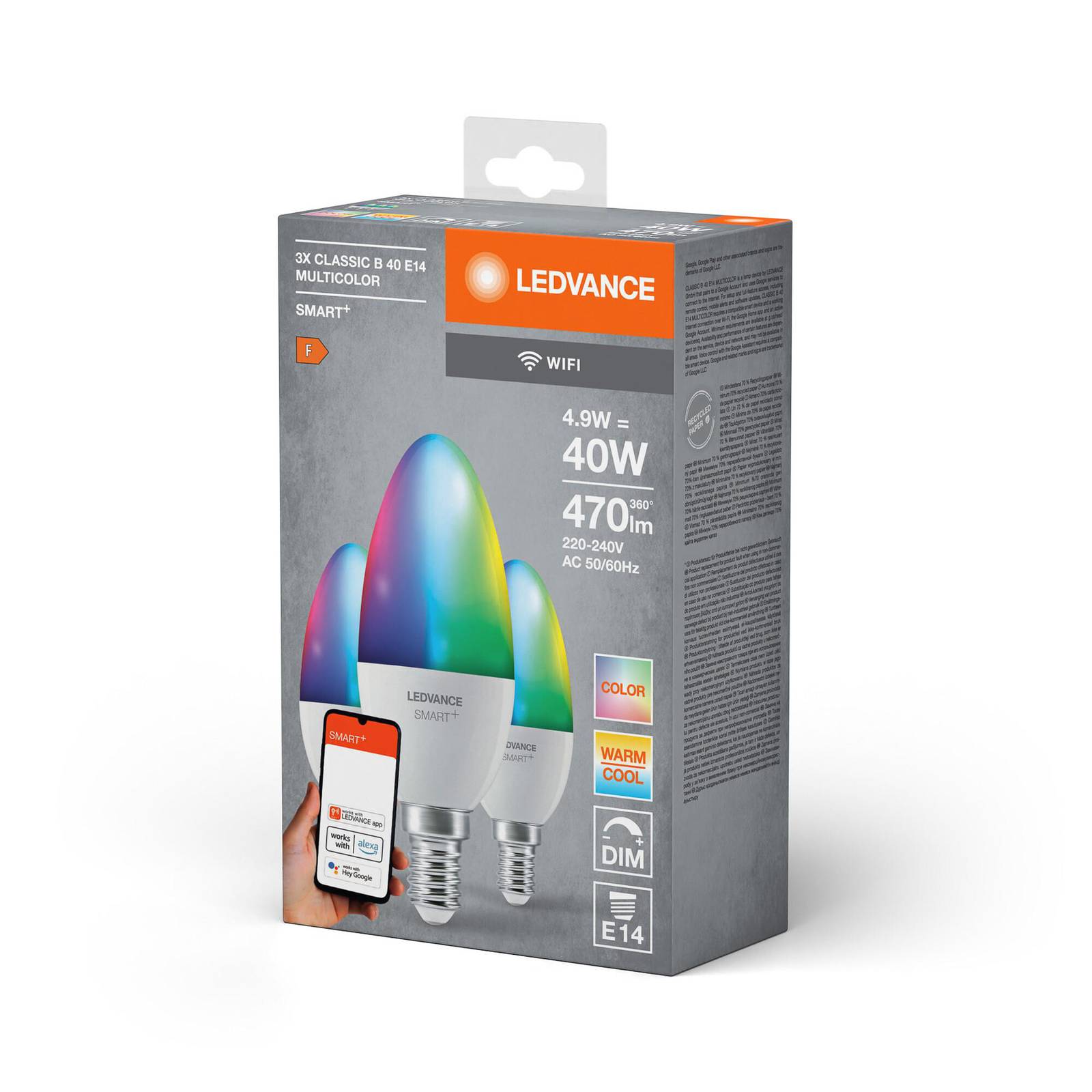 LEDVANCE SMART+ LED, kaars, E14, 4,9 W, CCT, RGB, WiFi, 3 eenheden