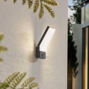 Lindby LED buitenwandlamp Korvik, aluminium, donkergrijs, sensor