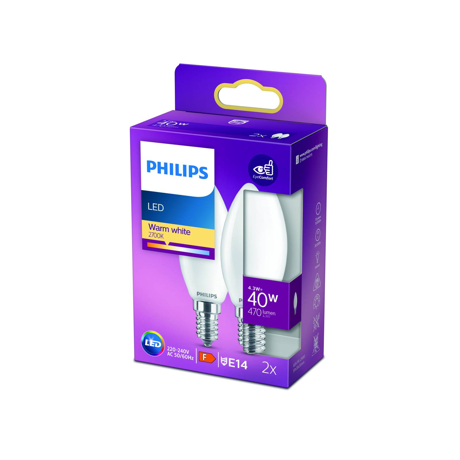 Philips led kaars b35 e14 4,3w 2. 700k opaal per 2