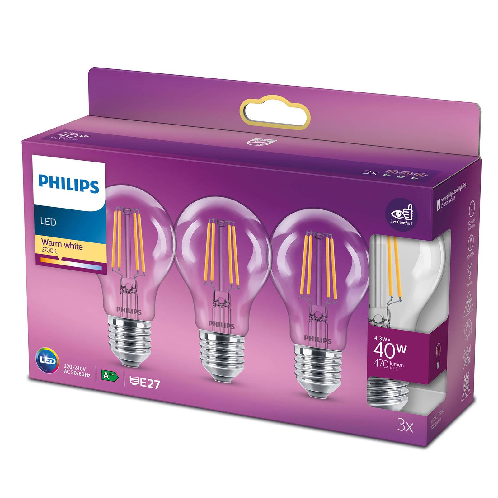 Philips led lamp classic e27 4,3w 2700k helder 3st