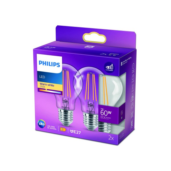 Philips led lamp e27 7w 2. 700k gloeidraad helder set van 2