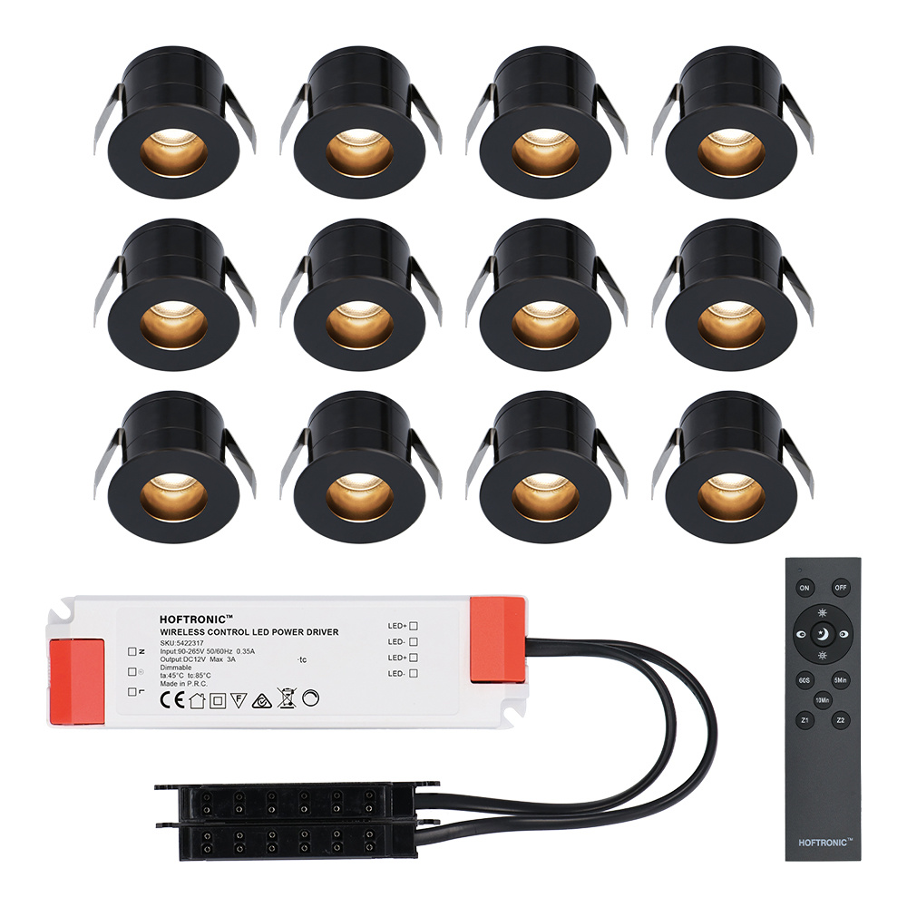 HOFTRONIC 12x Olivia – Mini 12V LED inbouwspot zwart met trafo – Verzonken – 3 Watt – Dimbaar – IP44 waterdicht voor buiten – 2700K Warm wit – Lage inbouwdiepte 36mm – Voor veranda, badkamer, carport en binnenruimtes