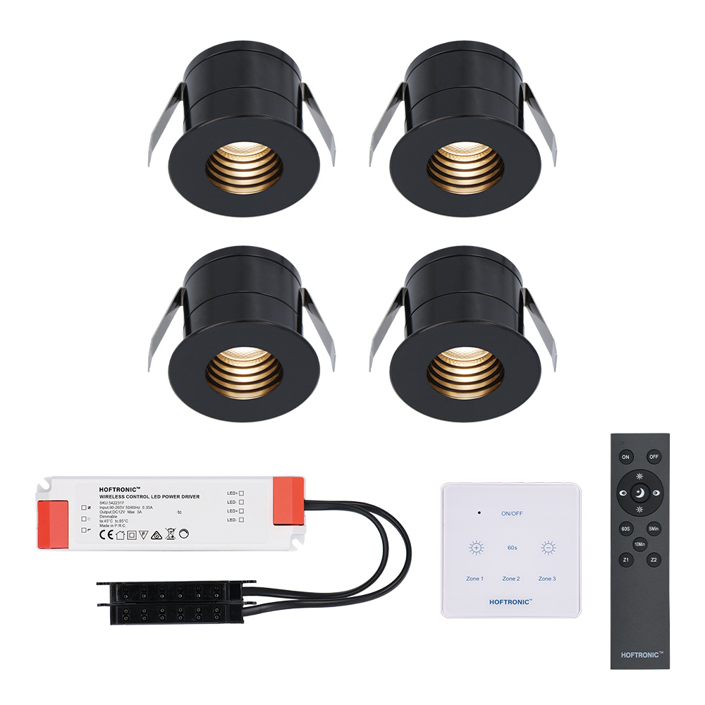 HOFTRONIC 4x Betty zwarte LED Inbouwspots complete set met muurdimmer – 12V – 3 Watt – Veranda verlichting – voor buiten – 2700K warm wit