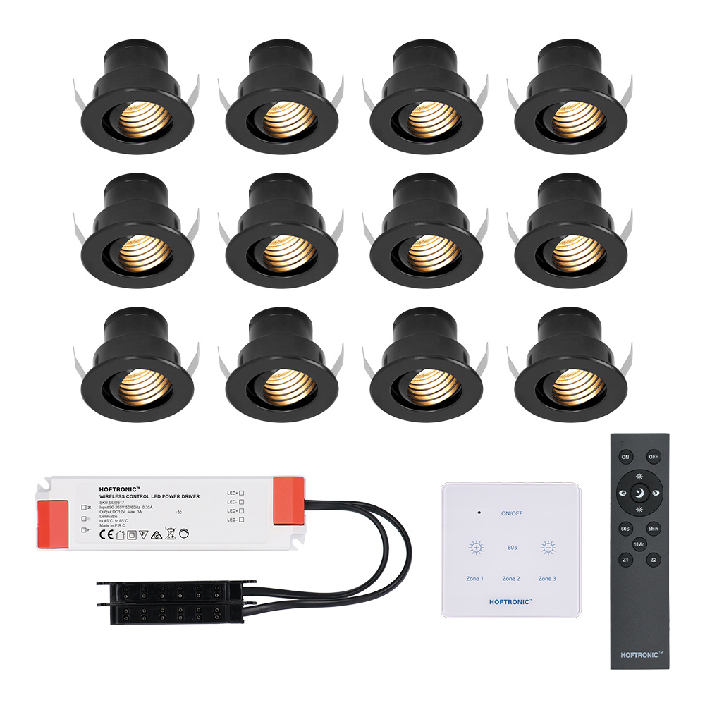 HOFTRONIC Set van 12 Medina – Mini LED Inbouwspot – 12V 3W – Zwart – Dimbaar – Kantelbaar & verzonken – Verandaverlichting – Incl. Muurdimmer – IP44 voor buiten – 2700K – Warm wit