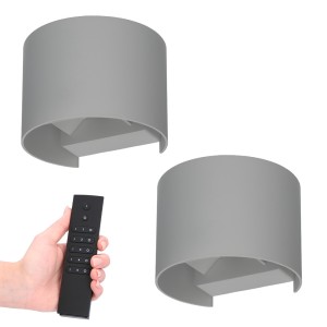 HOFTRONIC Set van 2 dimbare LED Wandlamp Denver grijs 6 Watt – 3000K – Up & Down light – IP54 – Incl. dimmer met afstandsbediening