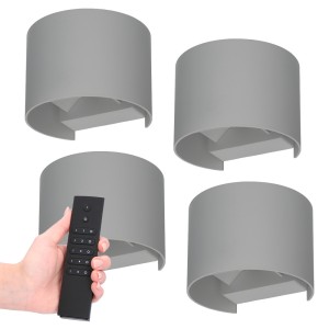 HOFTRONIC Set van 4 dimbare LED Wandlamp Denver grijs 6 Watt – 3000K – Up & Down light – IP54 – Incl. dimmer met afstandsbediening