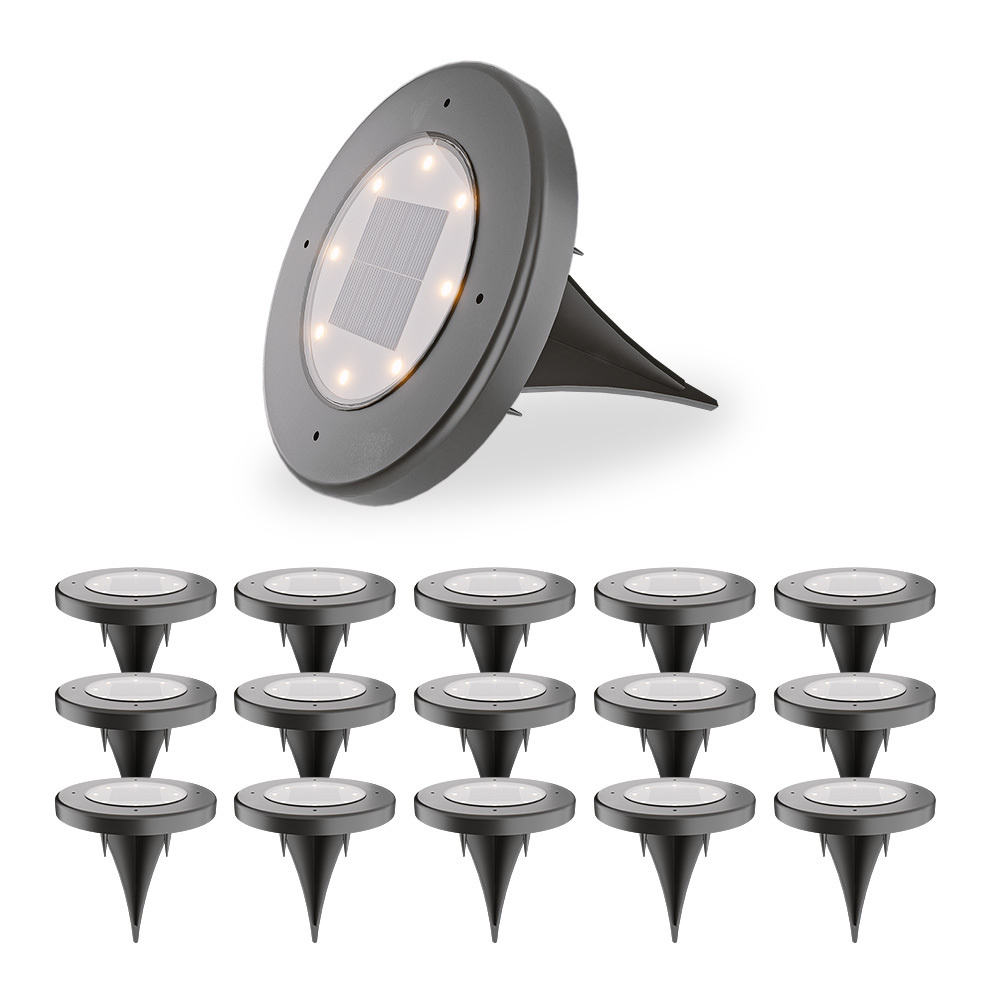 Hoftronic ellis 16x solar grondspots – 8 leds – 3000k warmwit licht – ip65 waterdicht – incl. Schemerschakelaar – zwart