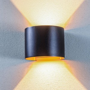 Lindby LED-buitenwandlamp Nivar, rond, zwart/goudkleurig