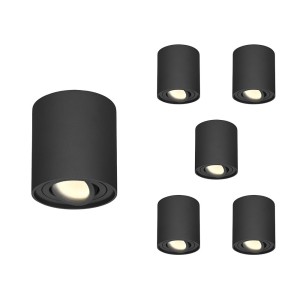 HOFTRONIC 6x Dimbare LED Opbouwspot plafond Ray Zwart incl. GU10 spot 5W 2700K IP20 kantelbaar Rond