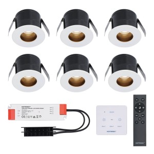 HOFTRONIC 6x Olivia – Mini 12V LED inbouwspot wit met trafo en muurdimmer – Verzonken – 3 Watt – Dimbaar – IP44 waterdicht voor buiten – 2700K Warm wit – Lage inbouwdiepte 36mm – Voor veranda, badkamer, carport en binnenruimtes