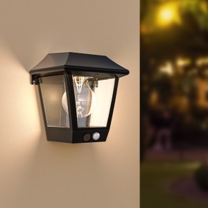 HOFTRONIC Cairo – Solar Wandlamp – met PIR bewegingssensor – 3000K warm witte lichtbron – IP44 waterdicht – Zwart – Tuinverlichting – Buitenlamp