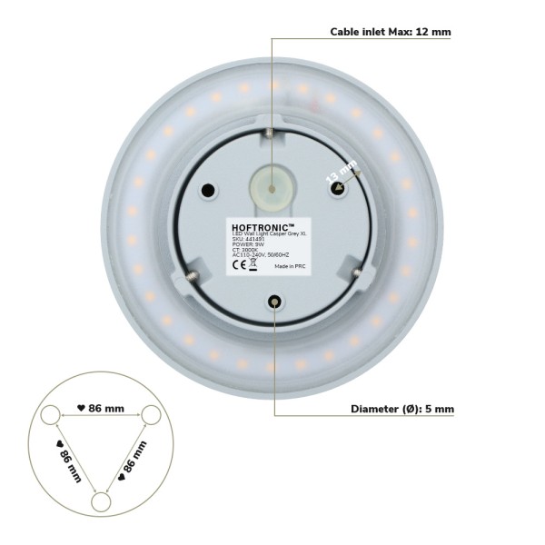 Hoftronic casper xl led wandlamp grijs 3000k warm 8