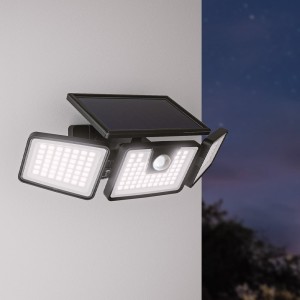 HOFTRONIC Edon Solar Wandlamp buiten met PIR bewegingssensor – Incl. Schemersensor – IP44 waterdicht – 156 LED's – 7 watt – 6500K 700 lumen daglicht wit licht – Zwart