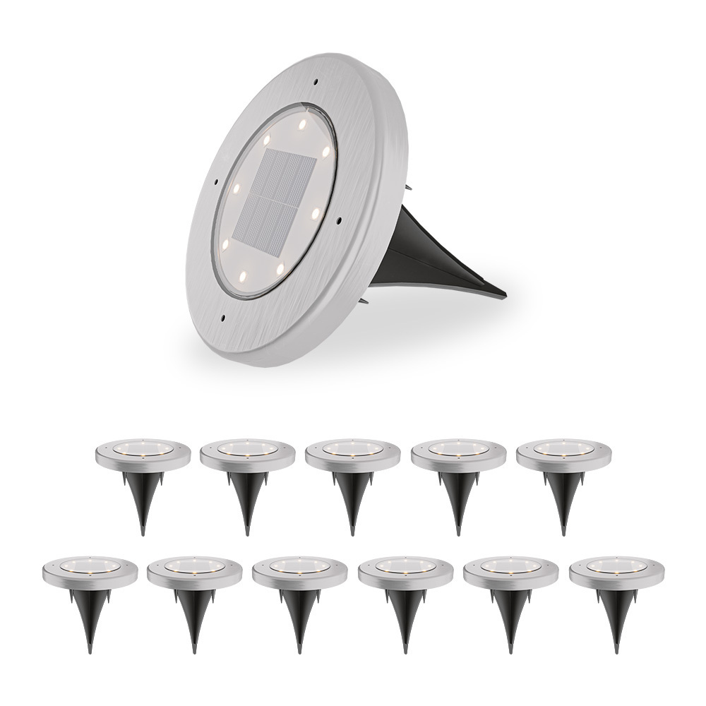 Hoftronic ellis 12x solar grondspots – 8 leds – 3000k warmwit licht – ip65 waterdicht – incl. Schemerschakelaar – rvs